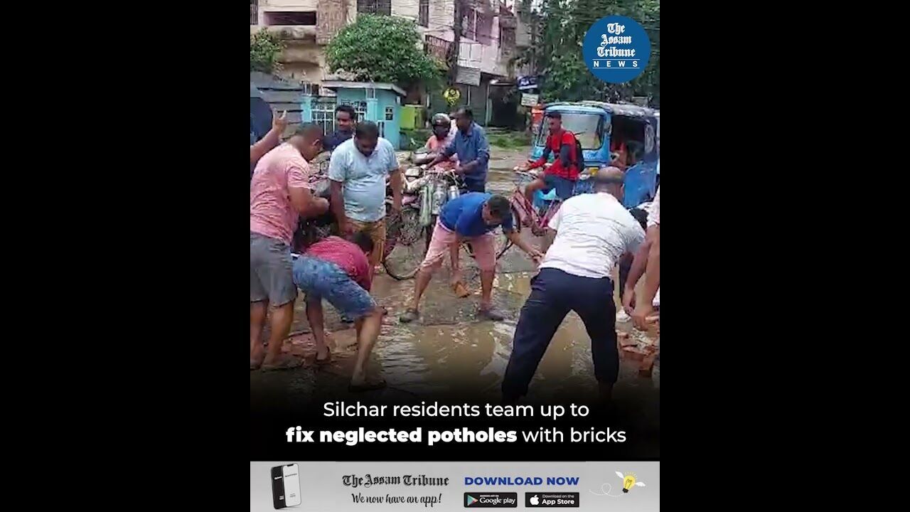 Silchar residents team up to fix neglected potholes with bricks