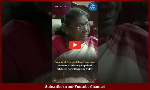 President Droupadi Murmu moved to tears after visually impaired children sang Happy Birthday to her.